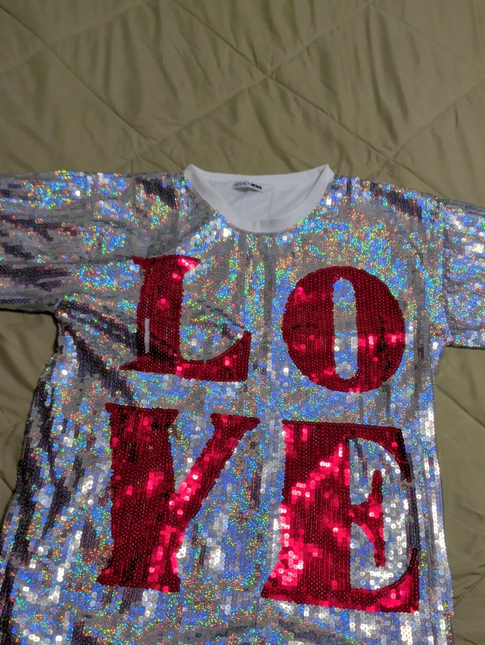 Kids Sequin LOVE Short Sleeve Top - Silver & Red